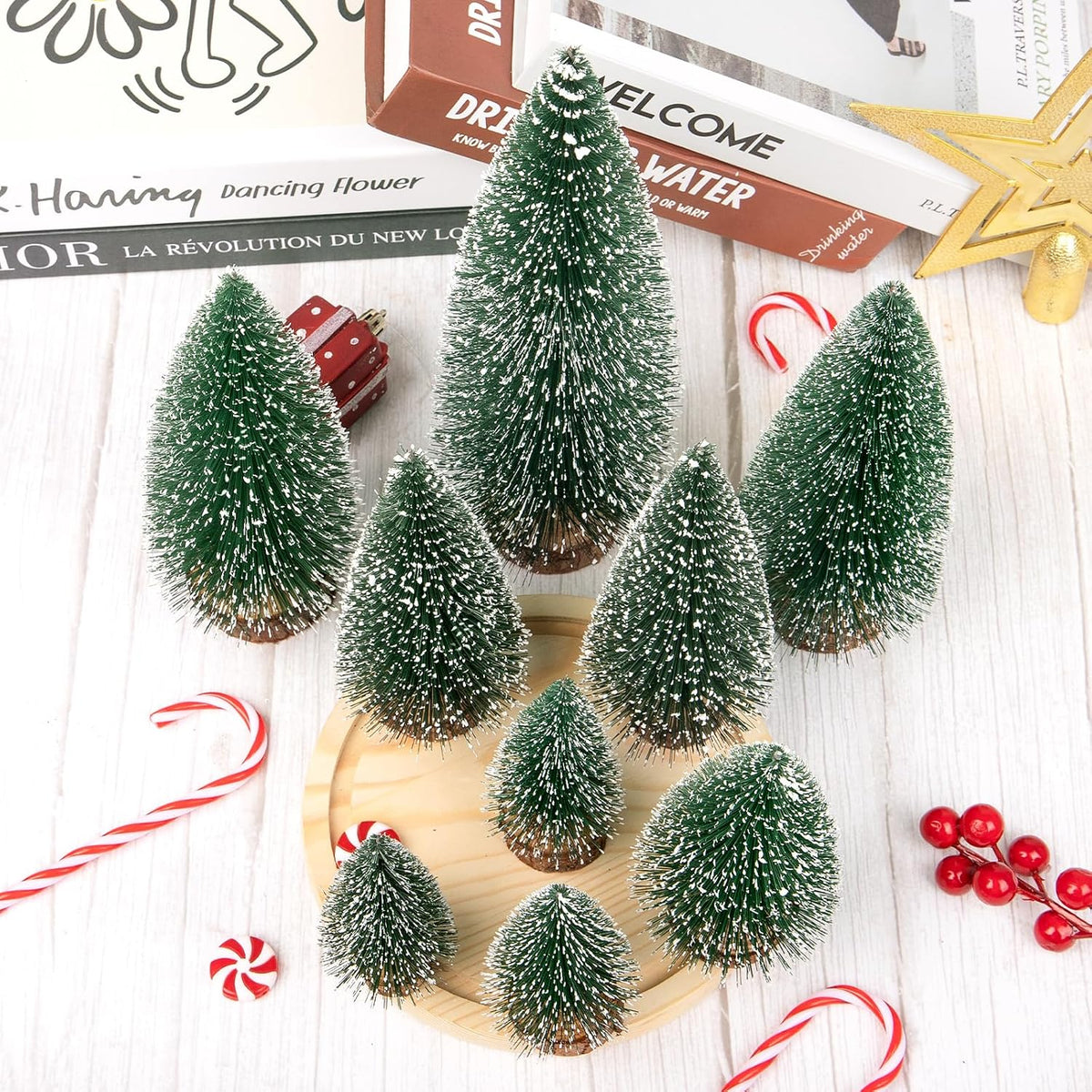 9Pcs Mini Christmas Tree, Bottle Brush Christmas Trees Wooden Base Table Decor with 4 Sizes, Artificial Green Tabletop Xmas Tree Indoor Village Decor Xmas Decorations