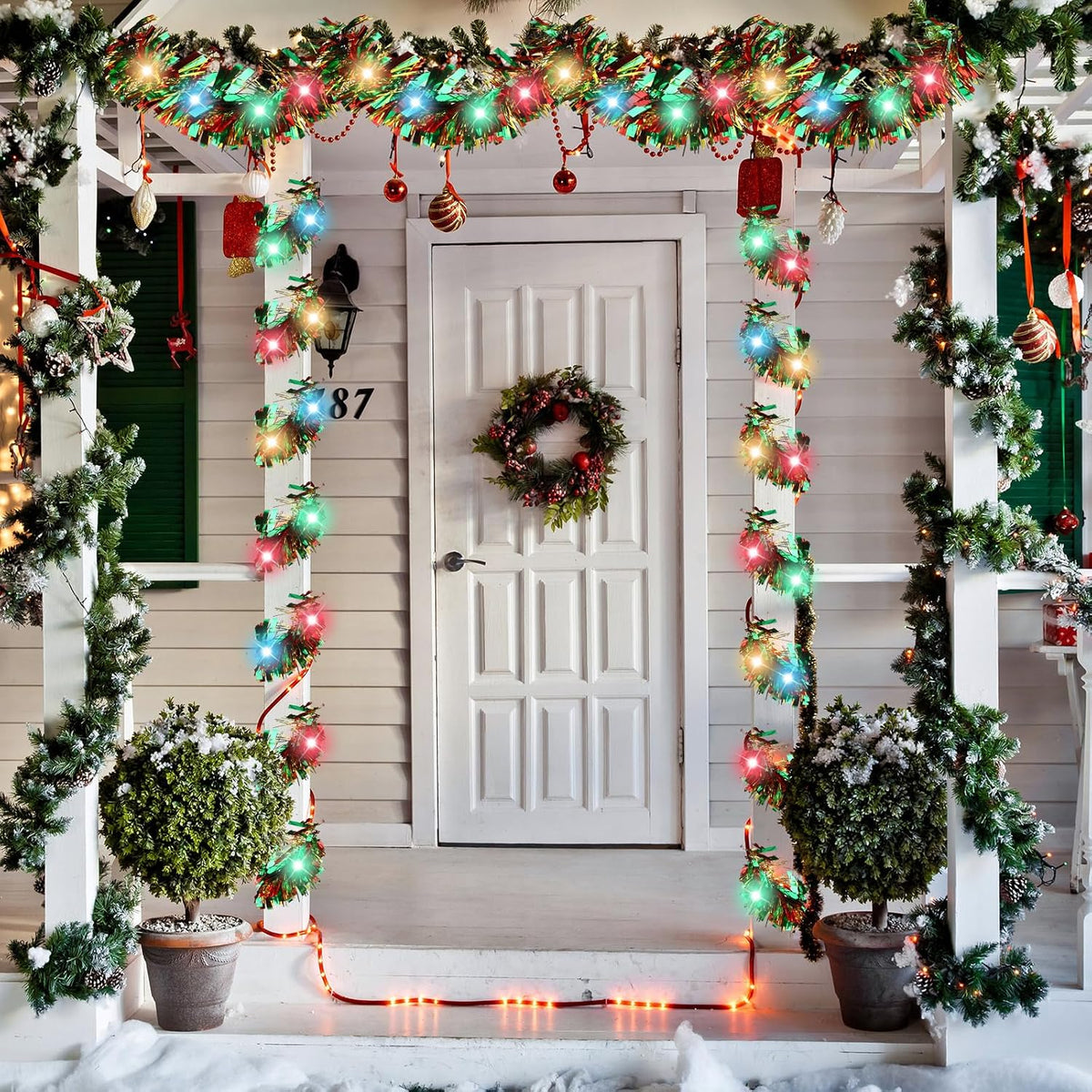 16.4 ft Christmas Tinsel Garland with Light, Multicolor, Red and Green