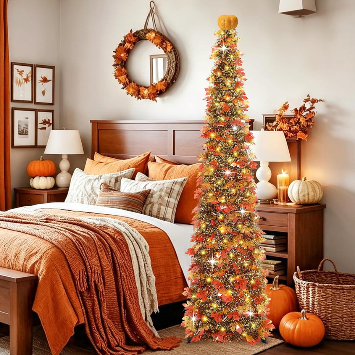 6 FT Pop Up Fall Tree with 100 LED Timer Lights & Pumpkin, Collapsible Maple Leaves Tinsel Thanksgiving Tree for Home Office Apartment Porch Autumn Christmas Holiday Decoration