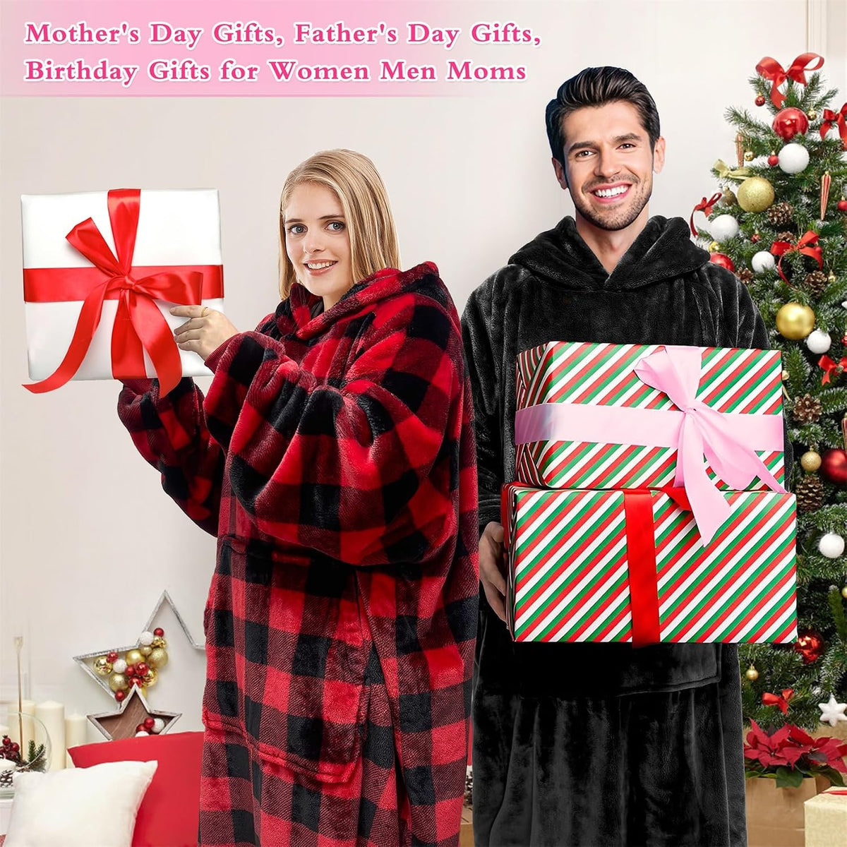 KPBLIS Wearable Blanket Hoodie Gifts for Women Men, Cozy Hoodie Blankets Sweatshirt Christmas Birthday Gifts for Women Mom Wife, Warm Fleece Hooded Blanket with Sleeves for Adults, Red Buffalo Plaid