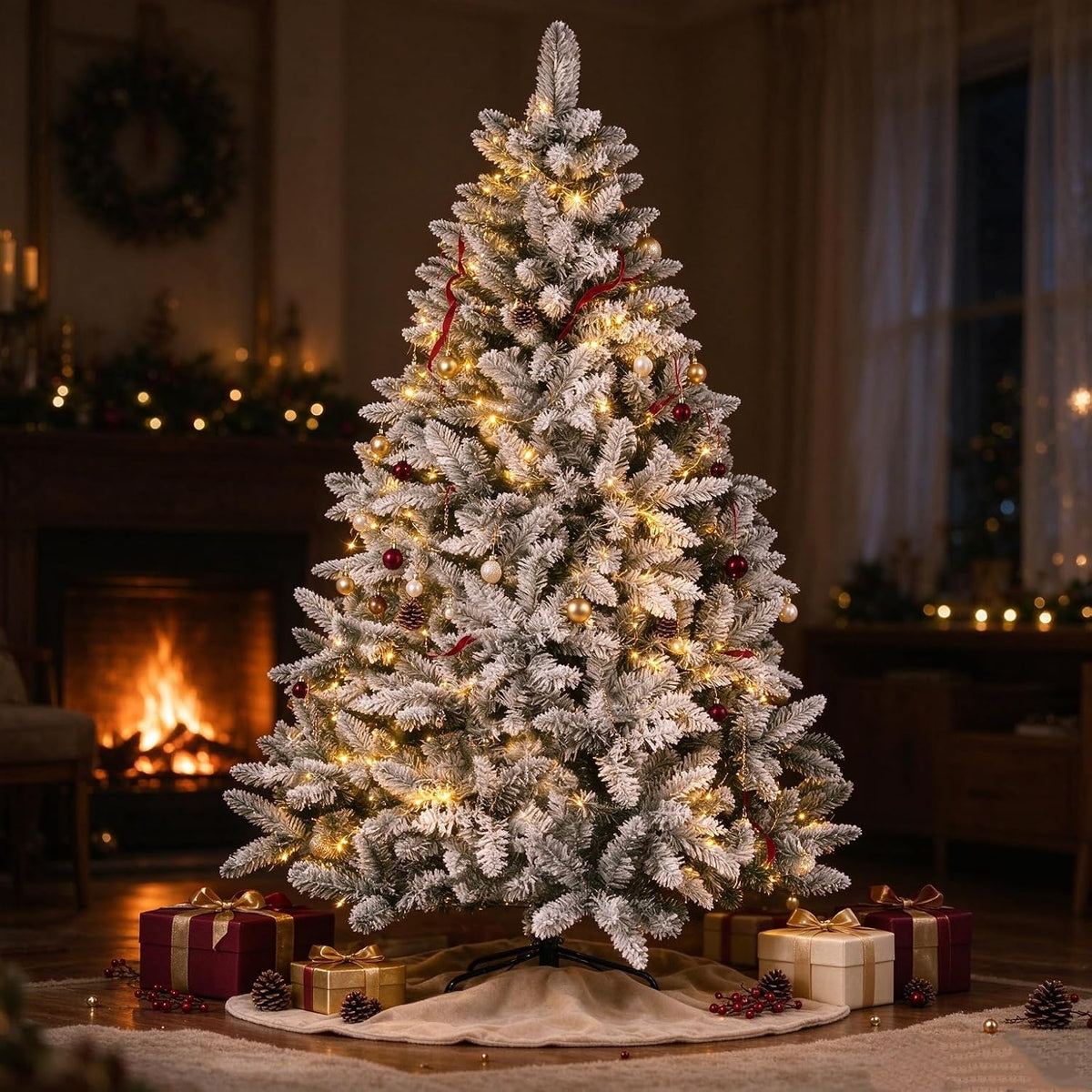 SUNCROWN 6ft Artificial Flocked Christmas Tree Premium Frosted Snow Christmas Tree Hinged Xmas Tree Holiday Decor for Indoor Outdoor, Foldable Metal Stand, 1000 Branch Tips, White