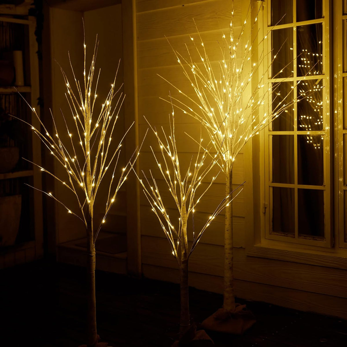 HOLILLUMA Outdoor Christmas Decoration LED Lighted Birch Trees 3 Packs