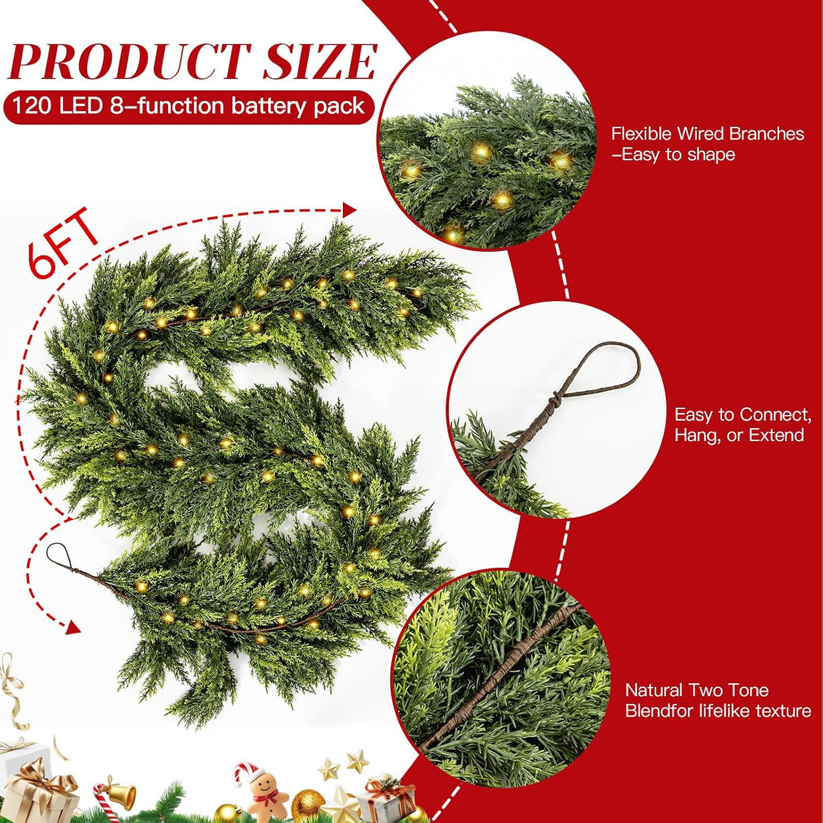 6FT Artificial Cedar Christmas Garland with 120 LED Lights - Real Touch Winter Pine Garland, Green Artificial Greenery Garland for Table, Mantle, Wall, Indoor, Outdoor Christmas Decorations
