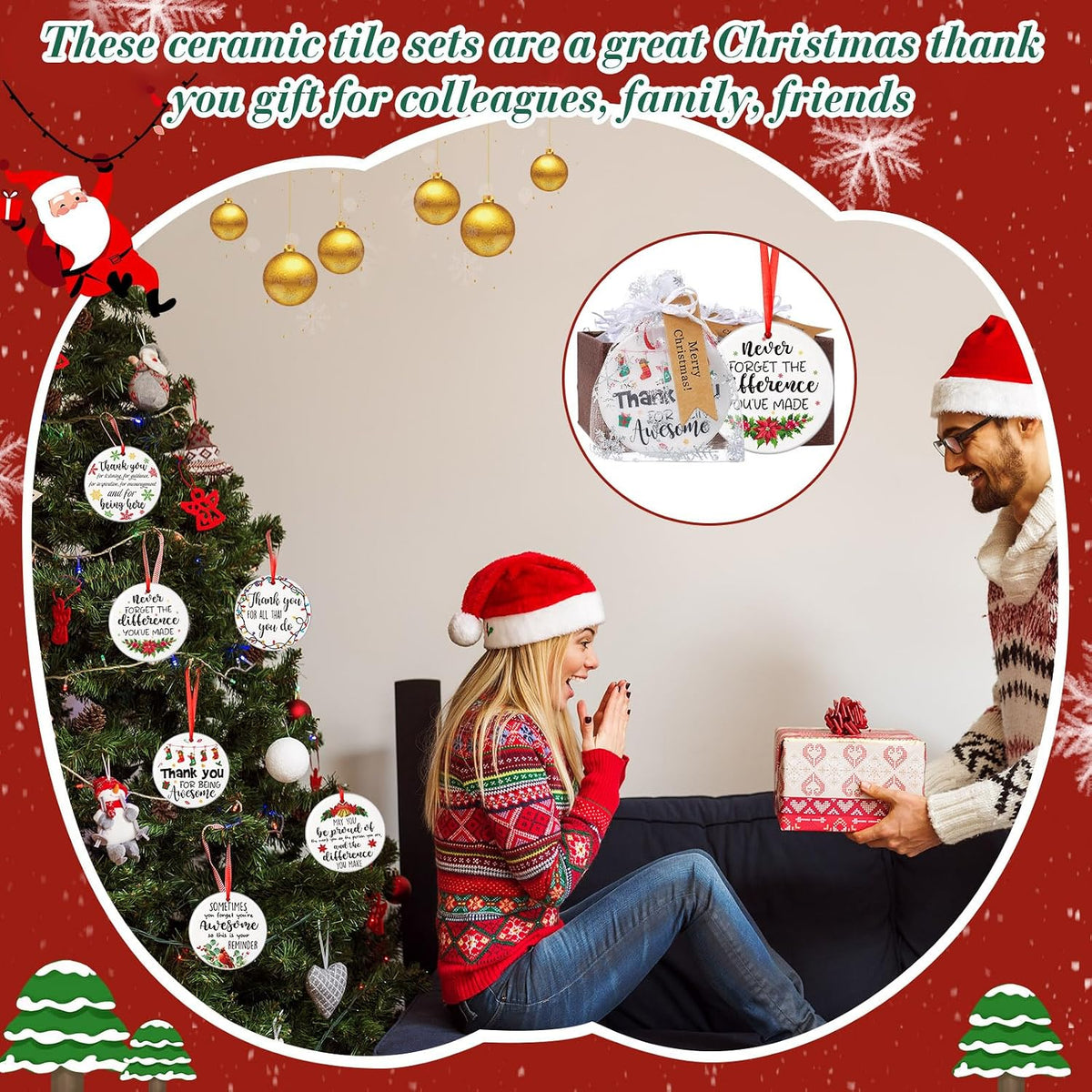 Barydat 24 Set Ceramic Christmas Appreciation Gifts for Coworkers, Thank You Ceramic Ornaments Xmas Tree Hanging Ornaments with Tags and Bag for Coworker Office Friendship Xmas Tree Decor (Classic)