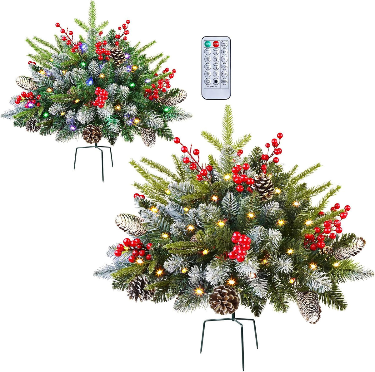 2 Set Preâ€‘lit Artificial Christmas Urn Filler with Remote for Planter Decor