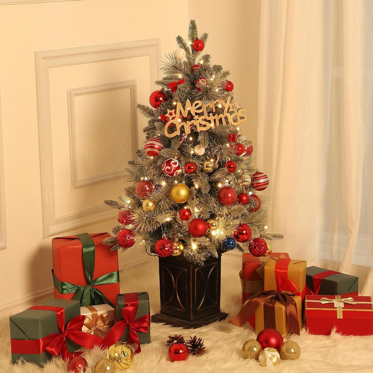 GAOMON 2Set 3FT Prelit Christmas Tree, Artificial Tree with Vintage Base