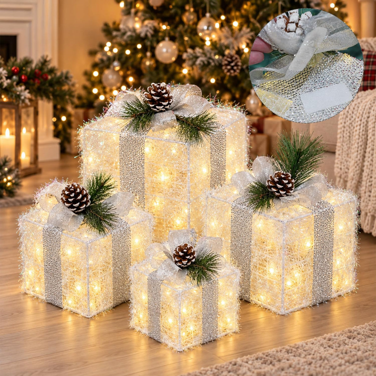 Hourleey Set of 4 Christmas Lighted Gift Boxes Warm White 70 LED Pre-lit