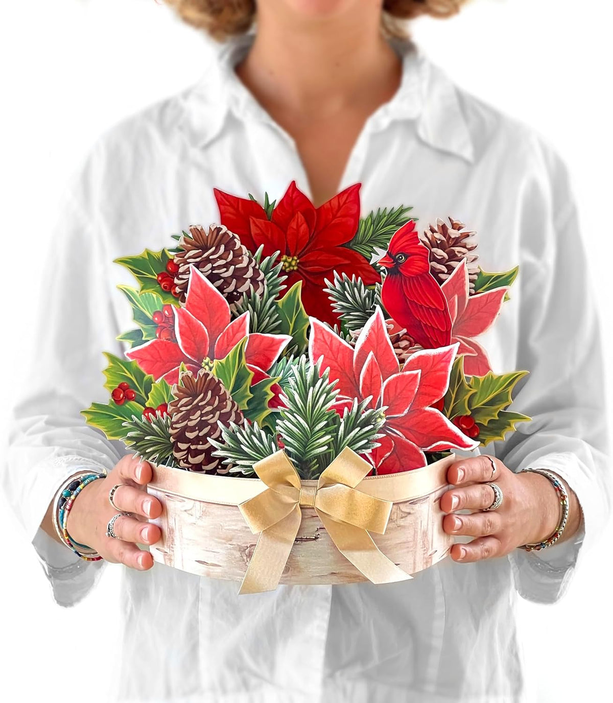 Freshcut Paper Pop Up Christmas Cards, Birch Poinsettia, 10 Inch Life Sized Flower Bouquet 3D Popup Greeting Cards, Christmas Card, Holiday Card, Blank Notecard & Envelope