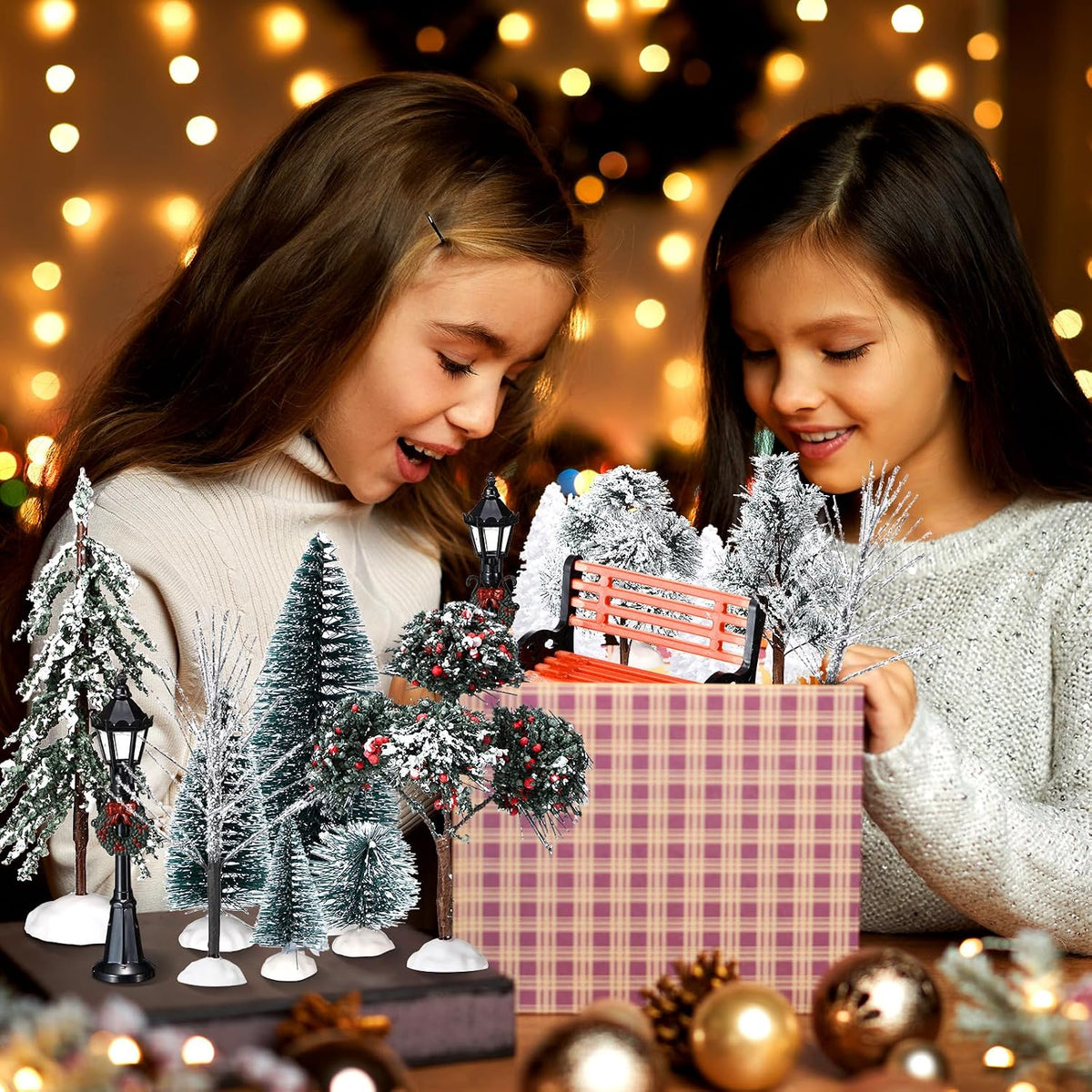 Aoriher 1 Set Mini Christmas Village Trees Christmas Town Decorations