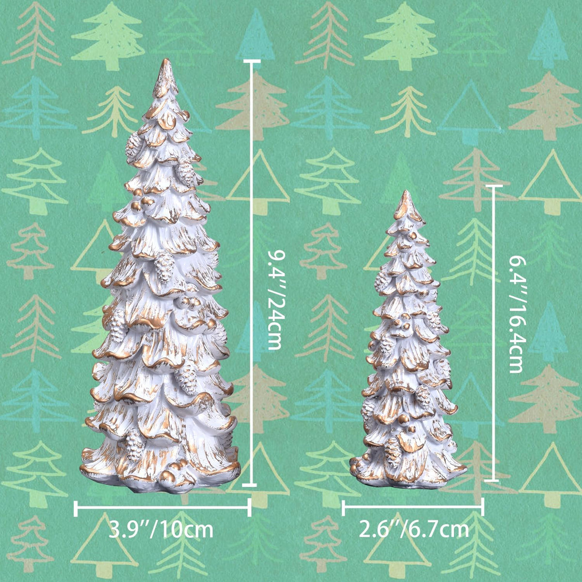 Resin Christmas Tree Figurines, 2pcs White & Gold Tabletop Christmas Trees with Pine Cones & Ornaments, Rustic Xmas Decorations for Home, Table Centerpieces, Mantel Shelf Display (white-gold)