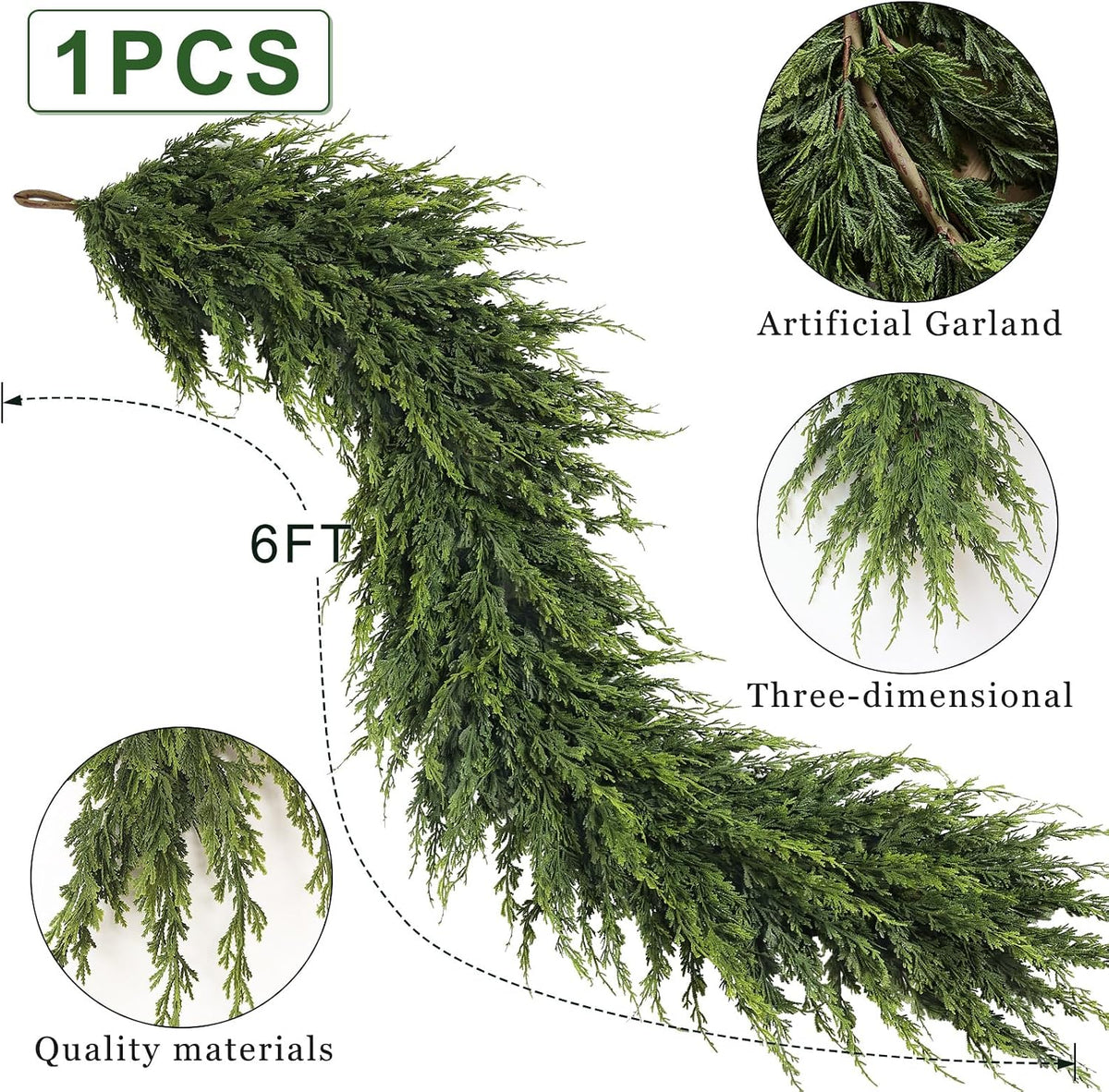 6FT 1Pcs Artificial Cedar Pine Garland Christmas Greenery for Mantle Decor