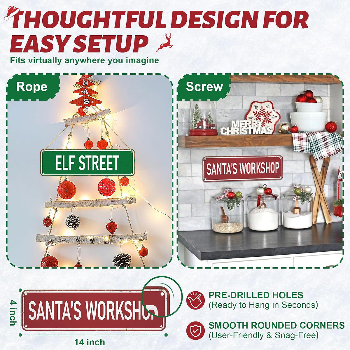 Candy Cane Lane Christmas Decorations 8 Pack, Double-Sided Vintage Street Signs of North Pole/Santaâ€™s Workshop/Gingerbread & More, All-Weather Outdoor Christmas Signs Yard Tree Ornament, 4 x 14 Inch