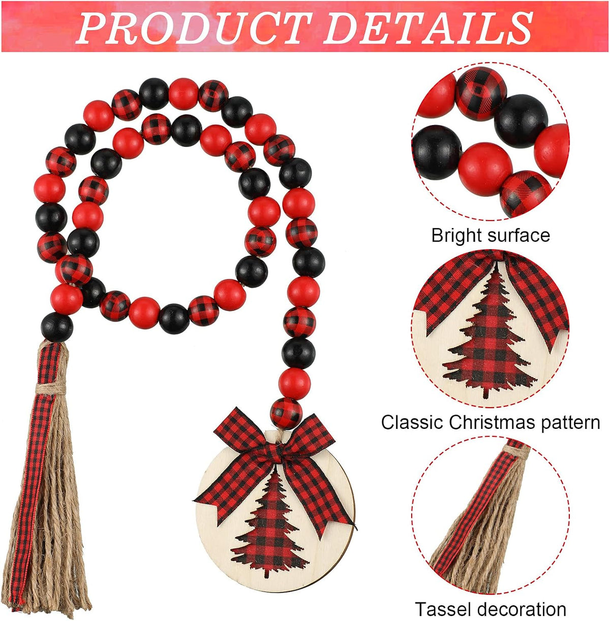 Jetec 2 Pcs Wood Bead Garland Buffalo Plaid with Tassels,Black and Red