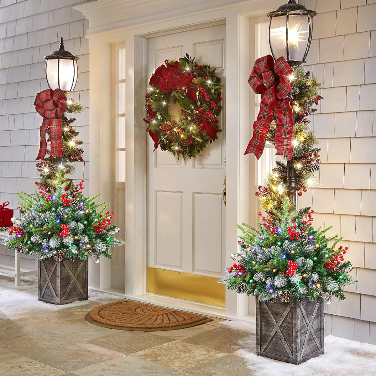 2 Set Preâ€‘lit Artificial Christmas Urn Filler with Remote for Planter Decor