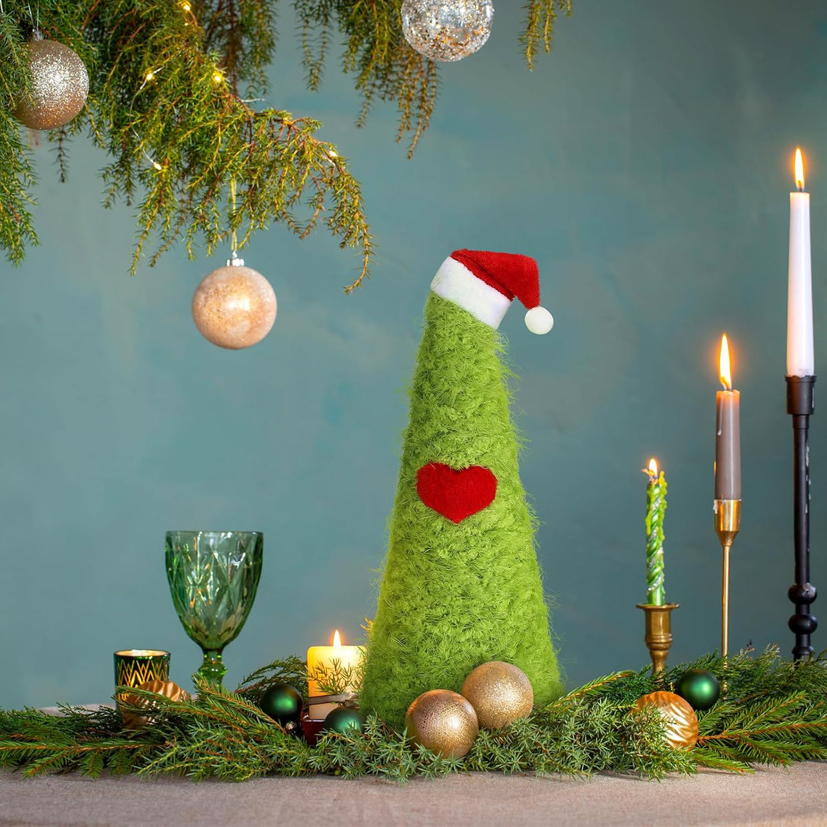 Gejoy Lime Green Mini Furry Christmas Tree Tabletop Decor Santa Hat, 9.84"