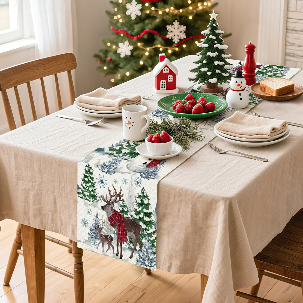 Artscope Reindeer Snowman Christmas Tree Table Runner, Xmas Winter Snowflakes Holiday Kitchen Dining Table Decoration for Christmas Home Party Decor 13x72 Inch-Beige