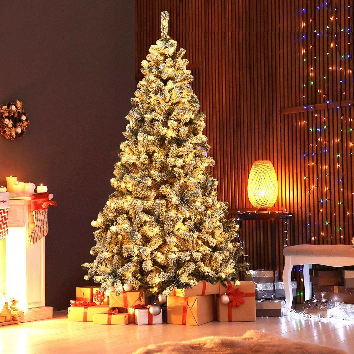 Nightcore 7.5FT Pre-Lit Artificial Christmas Tree, Snow Flocked Hinged Pine Tree w/with 1010 Branches Tips and 450 Warm LED Lights, Perfect Xmas Decoration for Indoor & Outdoor Home Office Party