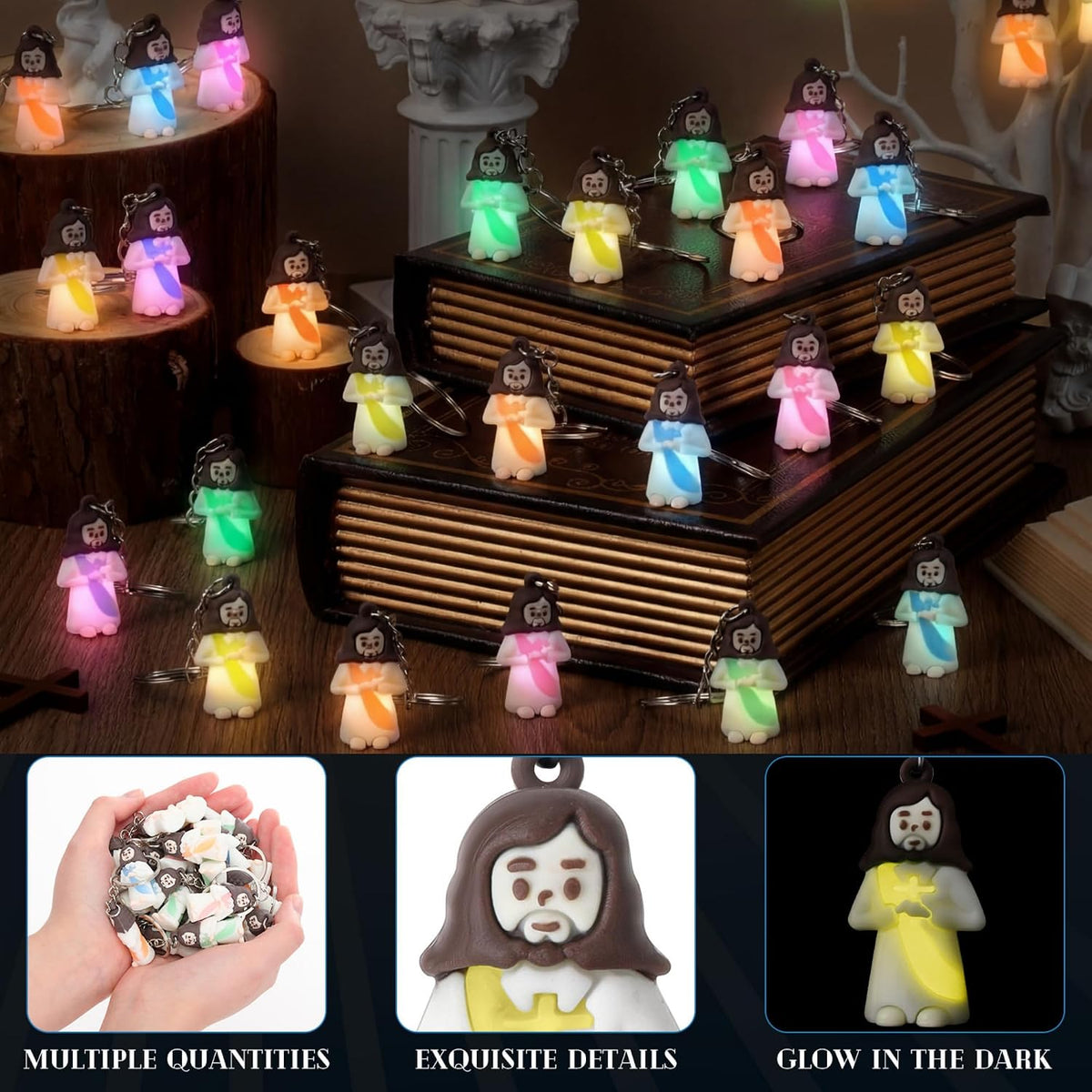 CroBlissful 200 Pcs Glow in The Dark Jesus Keychain Christmas Favor, Pray