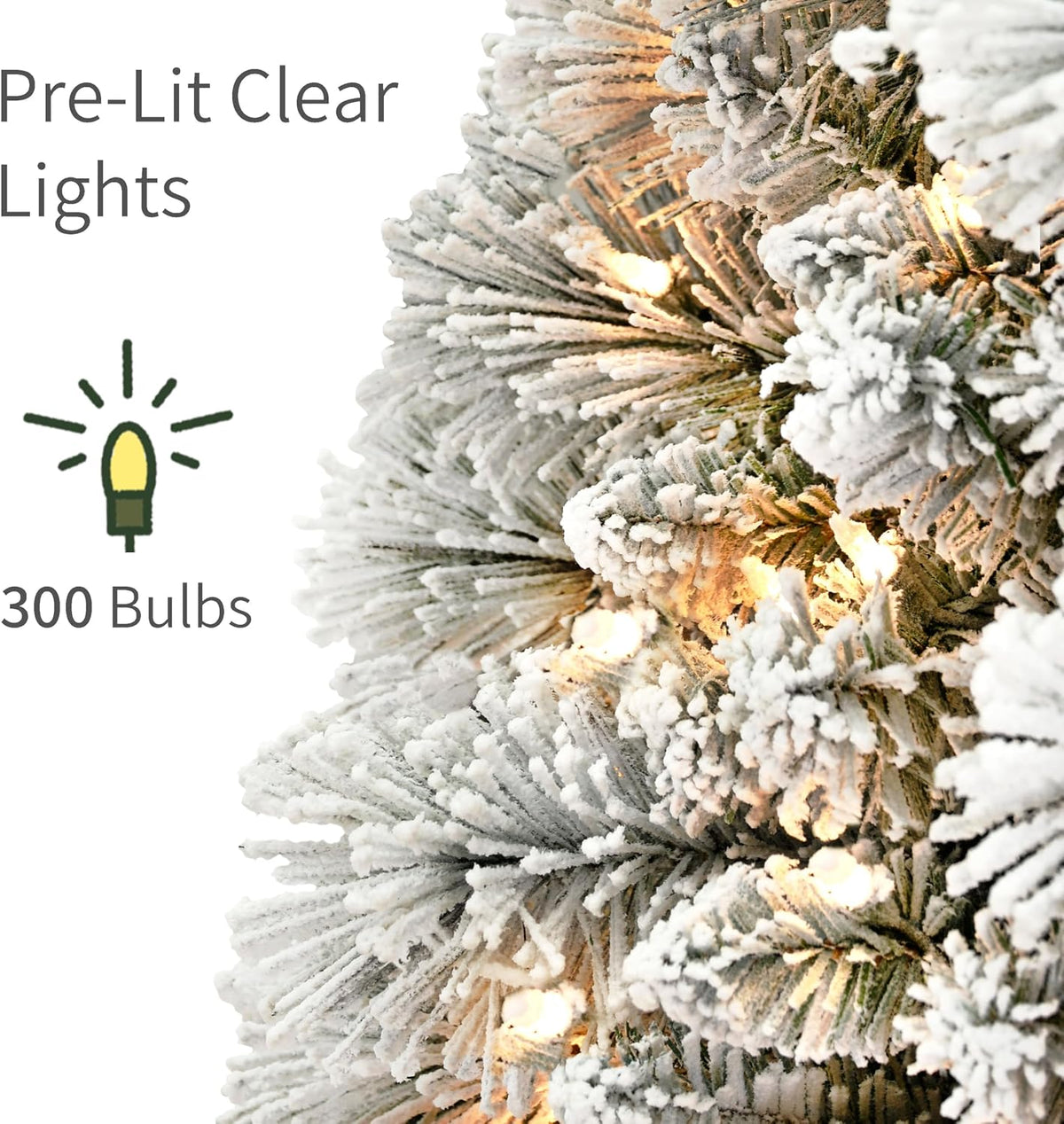 Puleo International 6.5ft Pre-Lit Flocked Portland Pine Pencil Christmas Tree with 300 Clear Lights, 410 Realistic Dense Snow Flocked Branch Tips, Easy Setup Artificial Trees with Sturdy Metal Stand