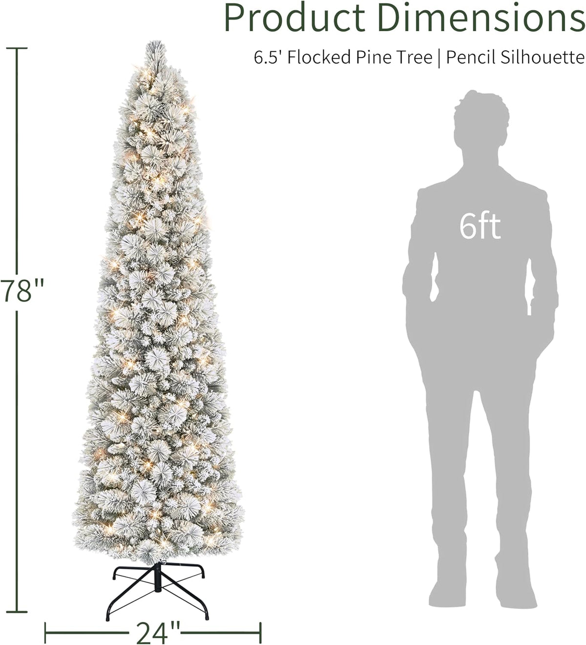 Puleo International 6.5ft Pre-Lit Flocked Portland Pine Pencil Christmas Tree with 300 Clear Lights, 410 Realistic Dense Snow Flocked Branch Tips, Easy Setup Artificial Trees with Sturdy Metal Stand