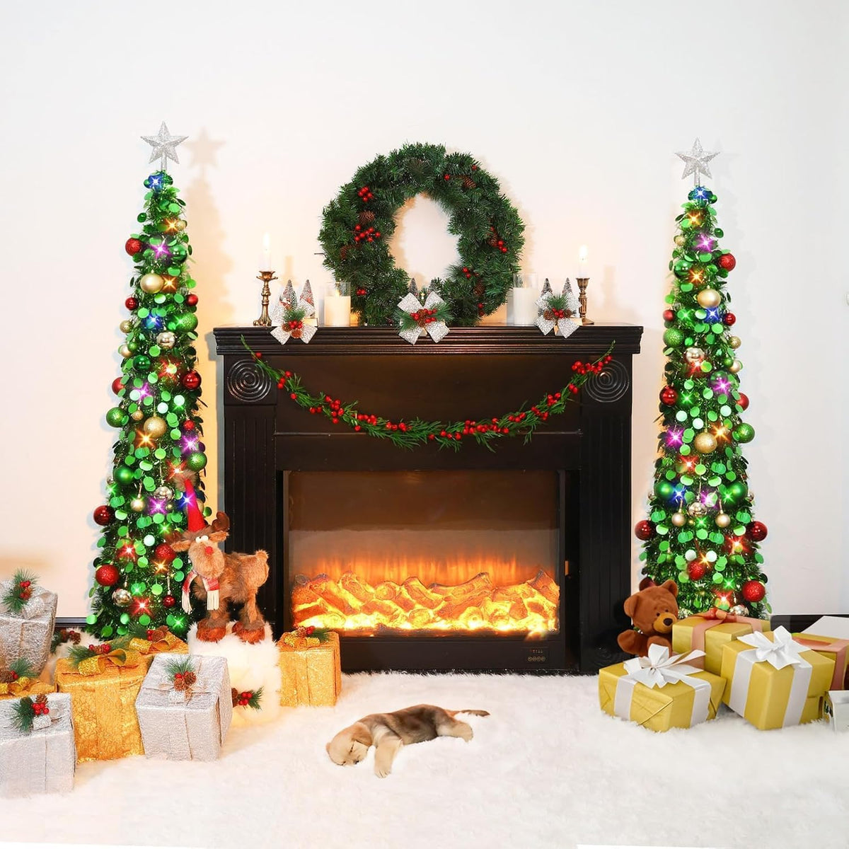 N&T NIETING Pop Up Christmas Tree with Lights & 30 Balls, 5Ft Collapsible Green Tinsel Christmas Tree Decoration for Holiday Xmas Home Office Decor