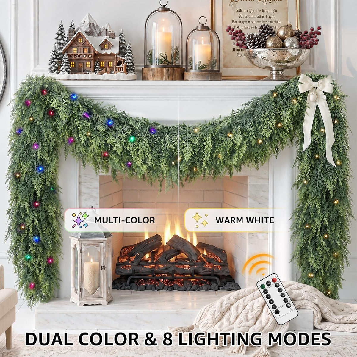 9Ft Prelit Real Touch Cedar Christmas Garland with Lights for Mantle Decor