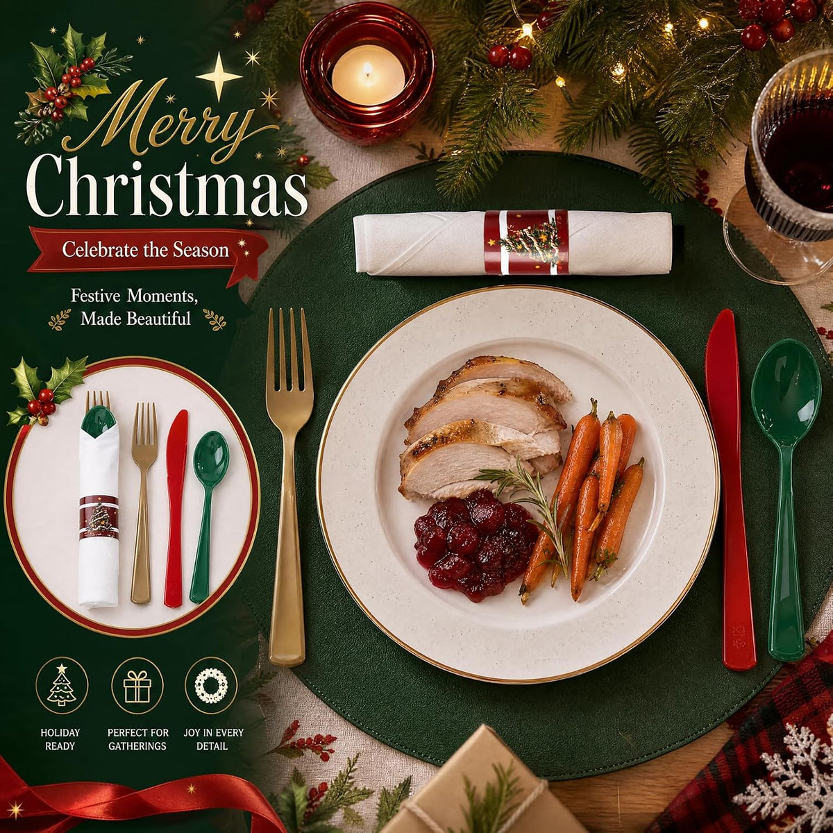 Liacere 100Pack Pre Rolled Silverware and Napkin - Wrapped Plastic Cutlery Set with Napkin:100 Gold Forks,100 Red Knives,100 Green Spoons,100 Napkins for Christmas