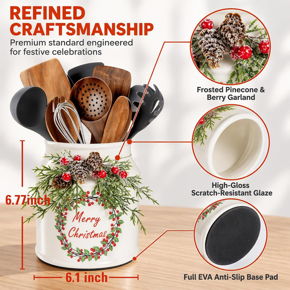 Christmas Utensil Holder with Artificial Pine Branches, Comes with Xmas Box