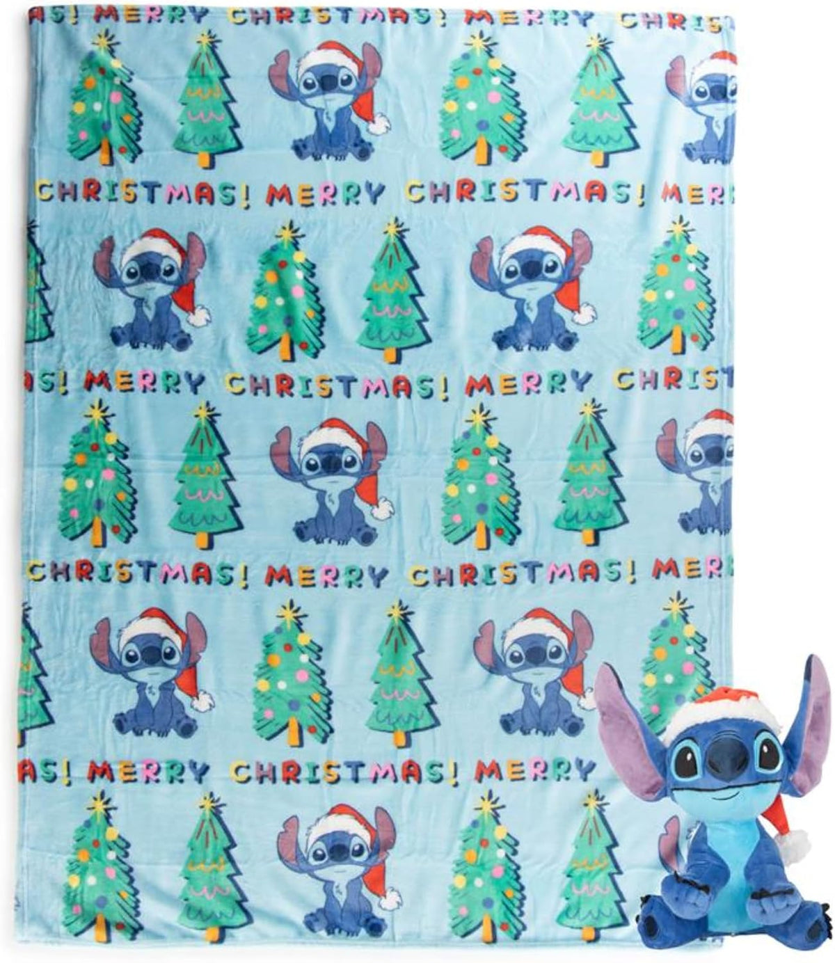 Jay Franco Kids Christmas Hugger Set â€“ 12" Plush Pillow Buddy & 46" x 60" Fleece Throw Blanket, Ultra-Soft Bedding & Travel Set, Holiday Bedroom & Couch DÃ©cor, Blue - Stitch
