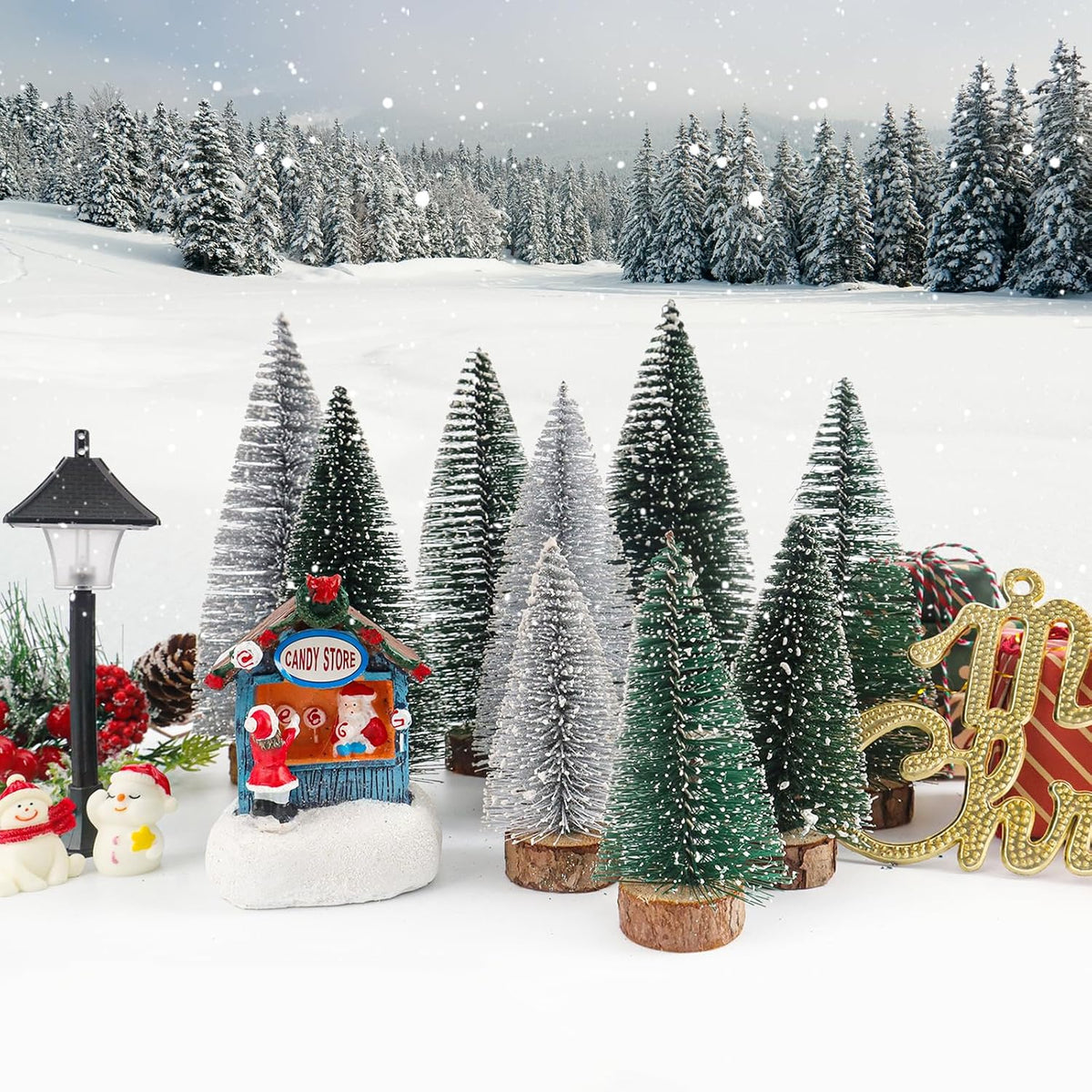 Mini Christmas Trees Christma Decor 9Pcs Artificial Christmas Decorations with 3 Sizes, Christmas Tree Bottle Brush Trees Christmas Table Decorations (Green,Silver,Dark Green)