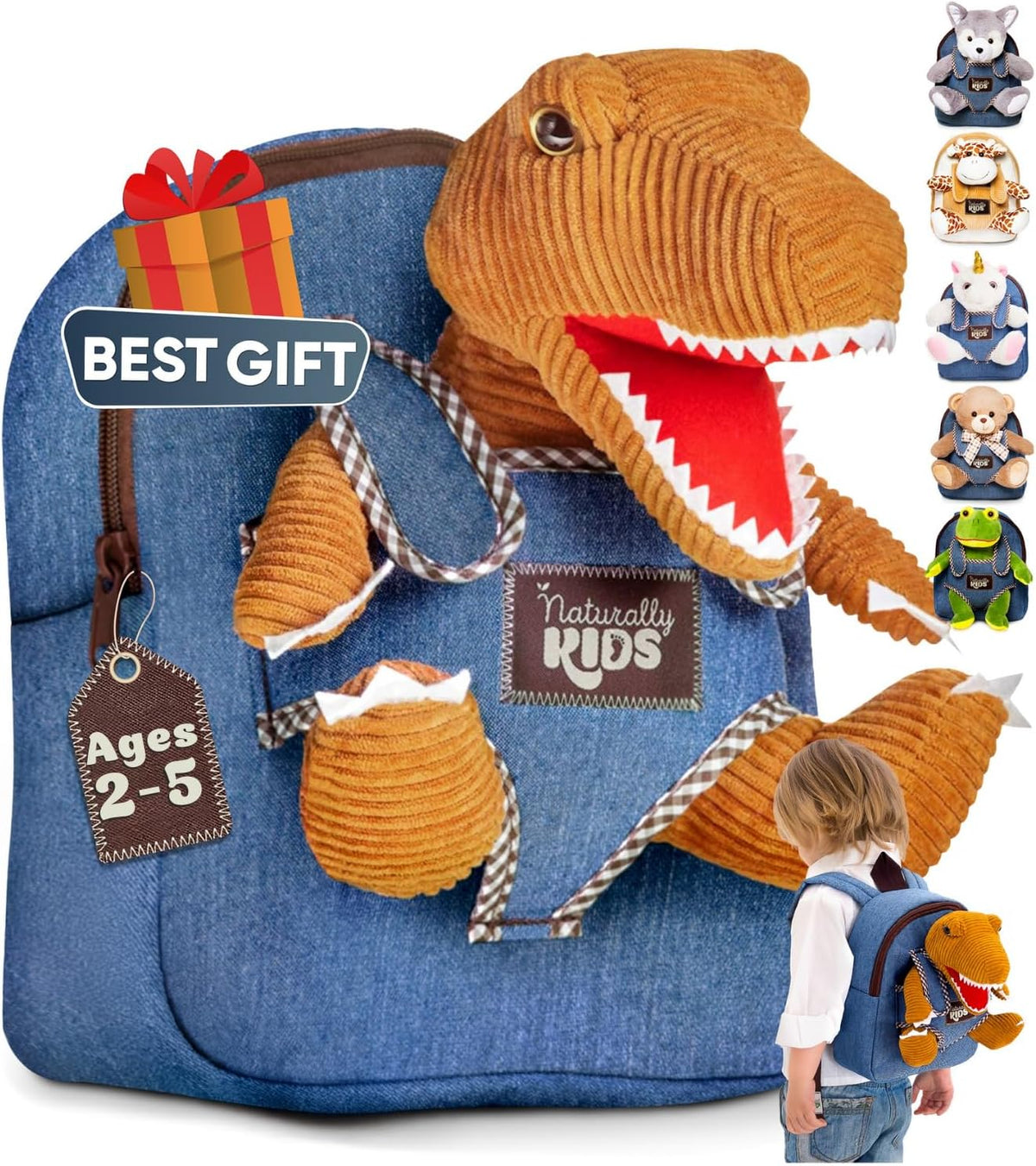 Naturally KIDS Toddler Backpack w. Plush Dinosaur Toy, Kids Gift 2 3 4 5