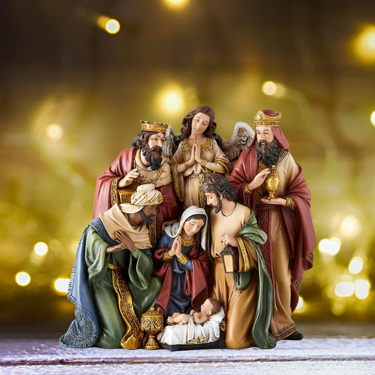 Christmas Nativity Sets Indoor Home Decor Figurine, Hand Sculpted Manger Scene Religious Christmas Table Top Decorations for Holidays, 8.75 Inches