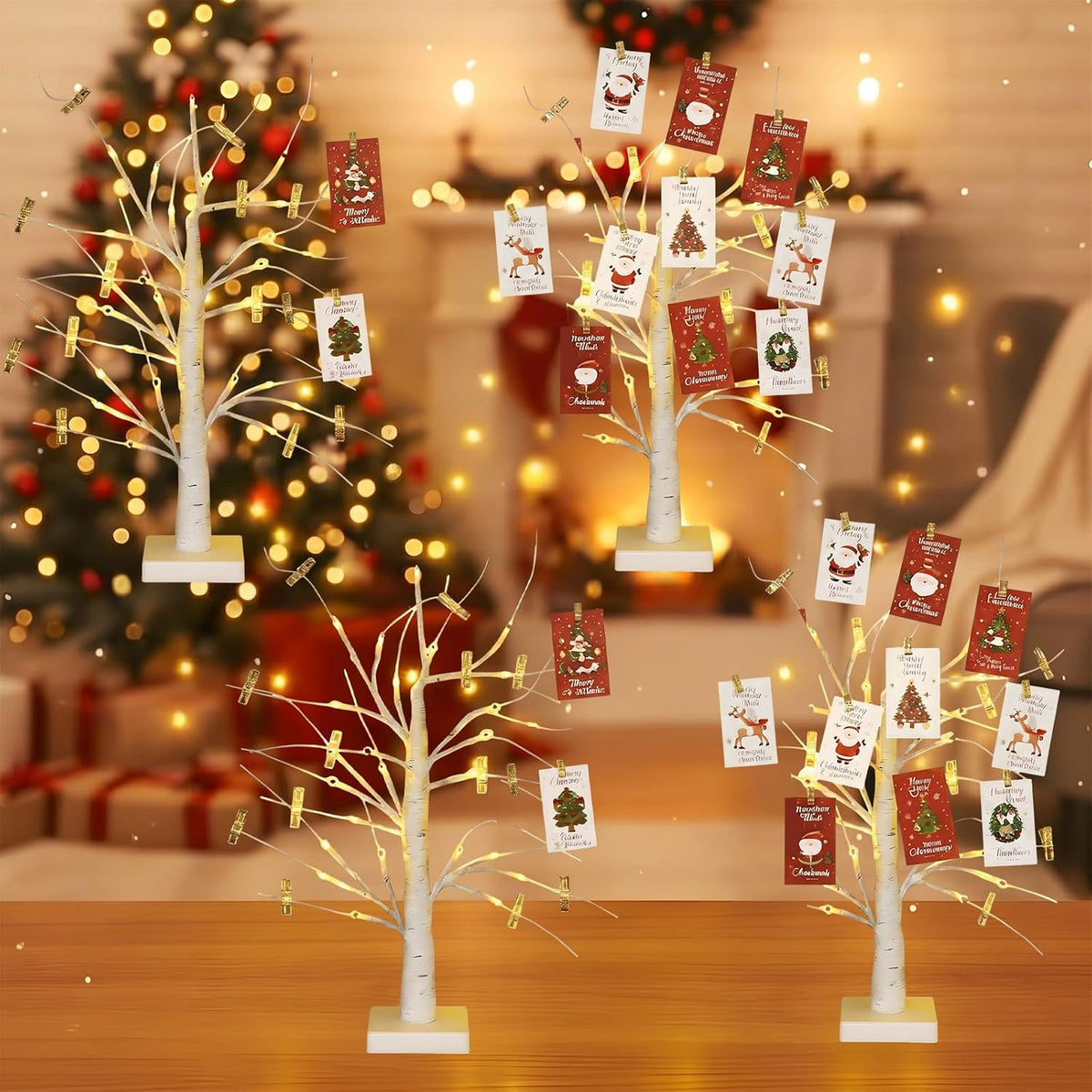 Retisee 4 Pieces Money Tree Gift Card Holder with 12 Clips & 24 LED Lighted Tips 2 FT White Birch Money Tree for Cash Memo Photo Picture Tabletop Display Christmas Birthday Party Wedding Gifts