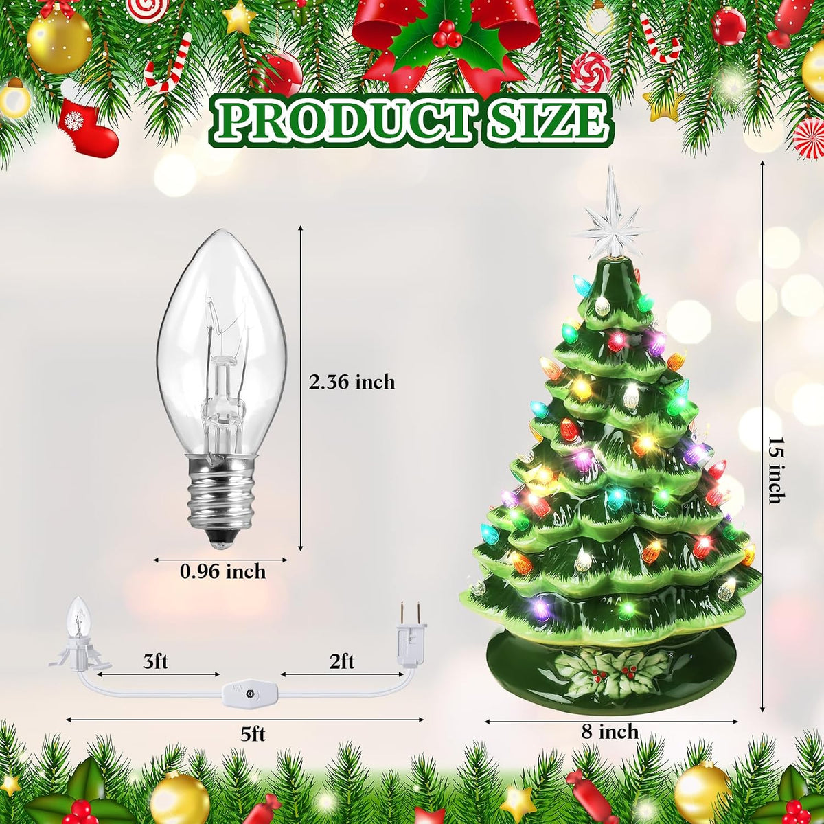 Ganeen 15 Inch Ceramic Christmas Tree with 66 Multicolored Lights Hand Painted Tabletop Christmas Tree Vintage Xmas Decorations for Table Desk Countertop Mantel Home Office(Green)
