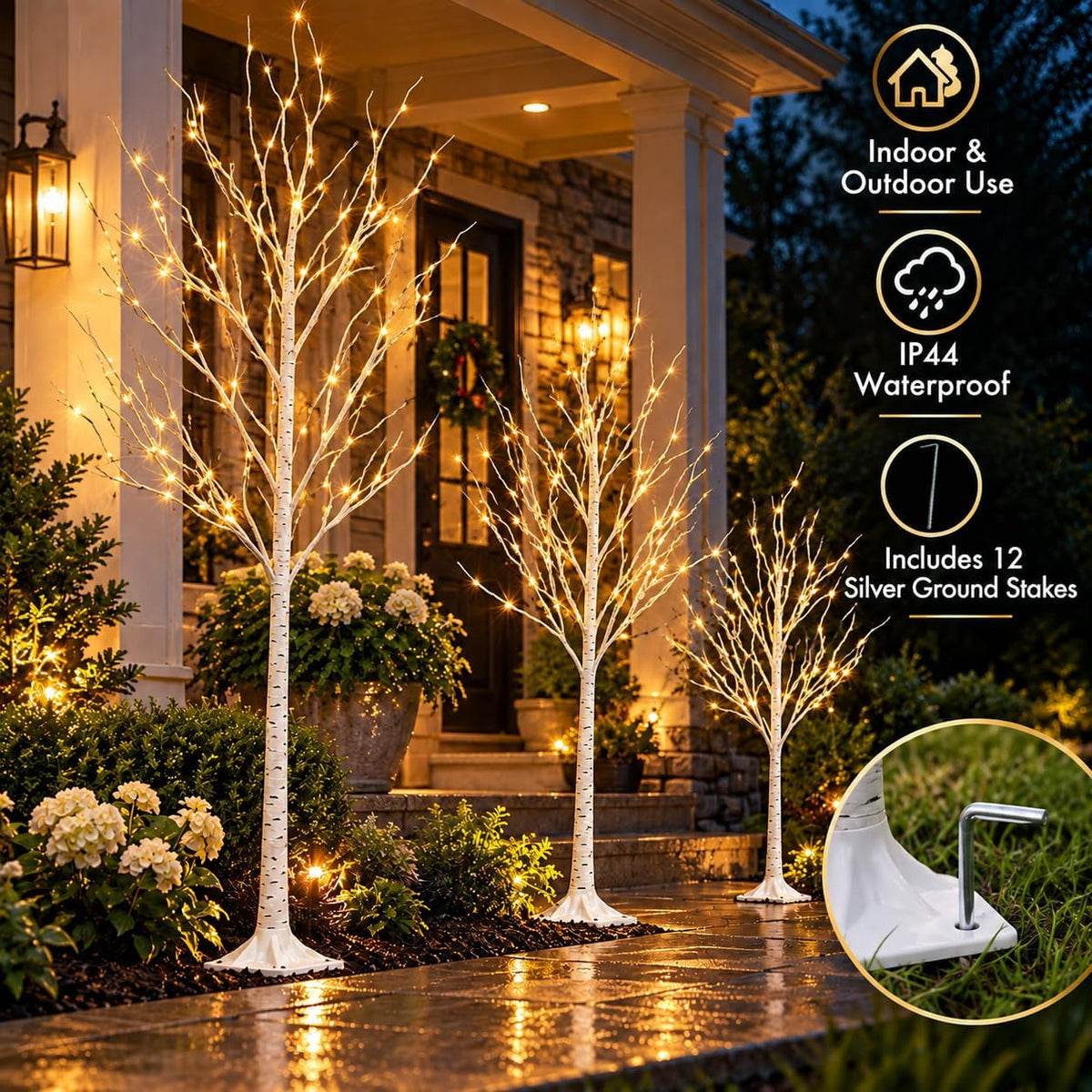 Lighted Birch Trees Set of 3, 8FT 6FT 4FT, 252 LEDs, Timer, Dimmable