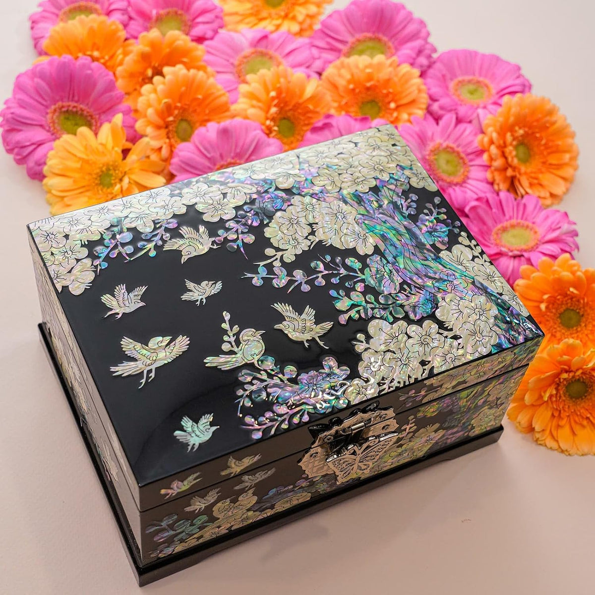 February Mountain Mother-of-Pearl Jewelry Box â€“ Handcrafted Bird & Floral Design, Two-Tier Organizer with Mirror, Black Lacquer Finish, Red Velvet Interior â€“ Christmas Gift for Women