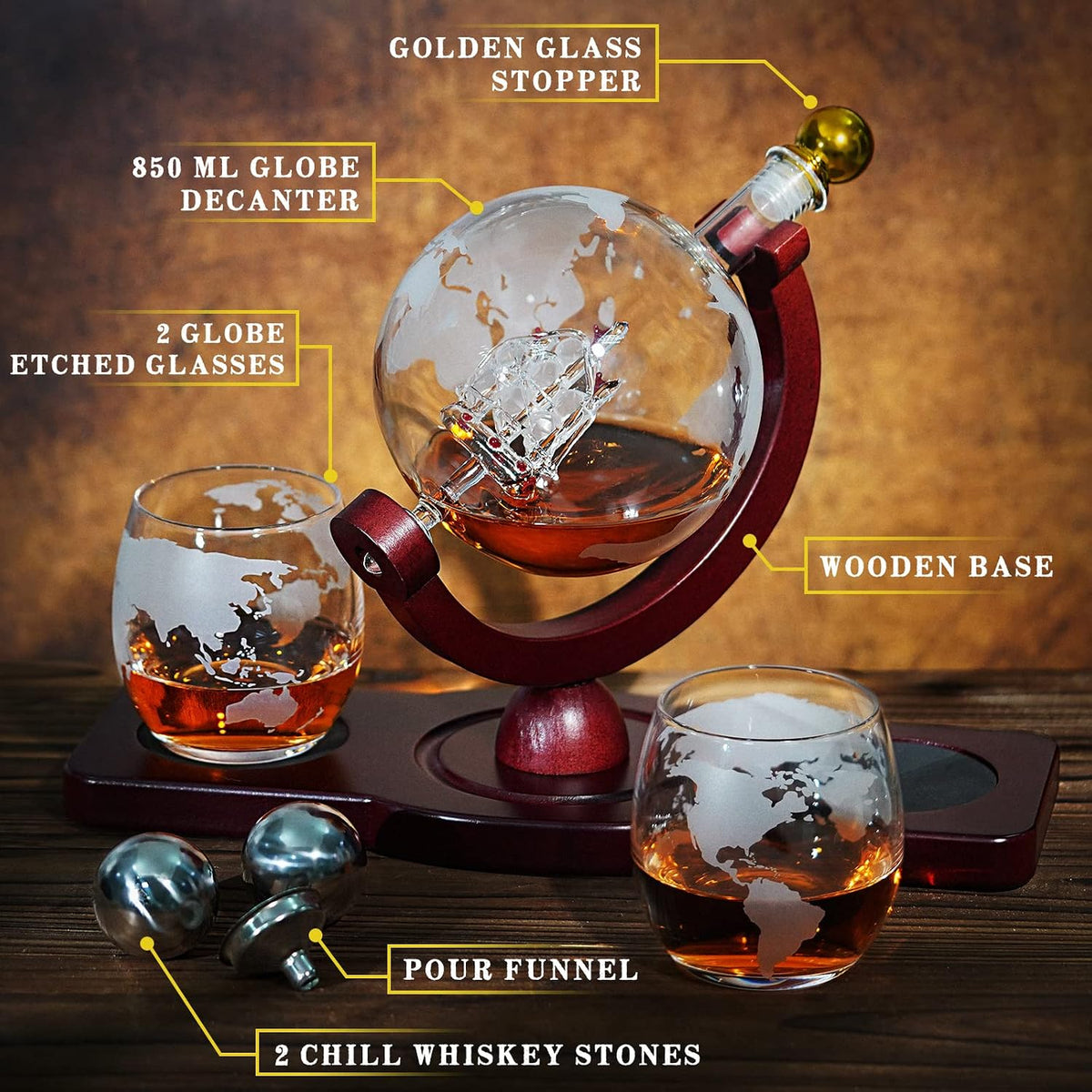 PONPUR Gifts for Men Dad Christmas, Whiskey Decanter Globe Set with 2 Ball Stones & 2 Glasses, Anniversary Birthday Gifts for Him Husband Boyfriend Brother, Cool Stuff Gift for Bourbon Scotch