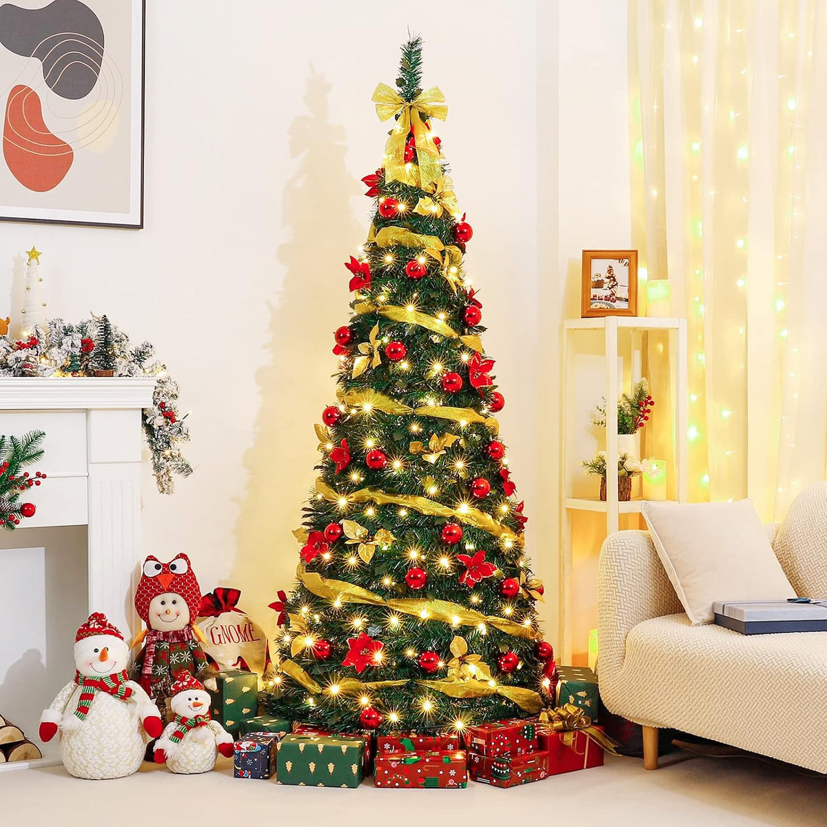 Decoway Pre Lit Christmas Tree: Pop Up 6 FT Warm White LED Lights (Yellow)