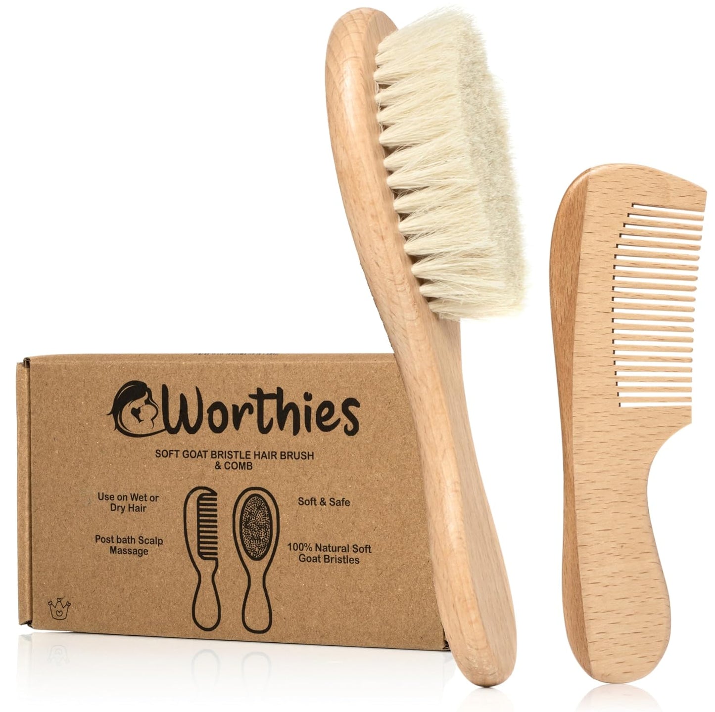 Wooden Baby Hair Brush and Comb Set with Soft Goat Bristles for Cradle Cap Care