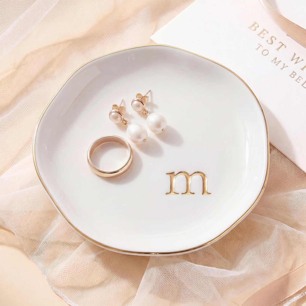 Ceramic Jewelry Tray, White Initial M Personalized Jewelry Dish