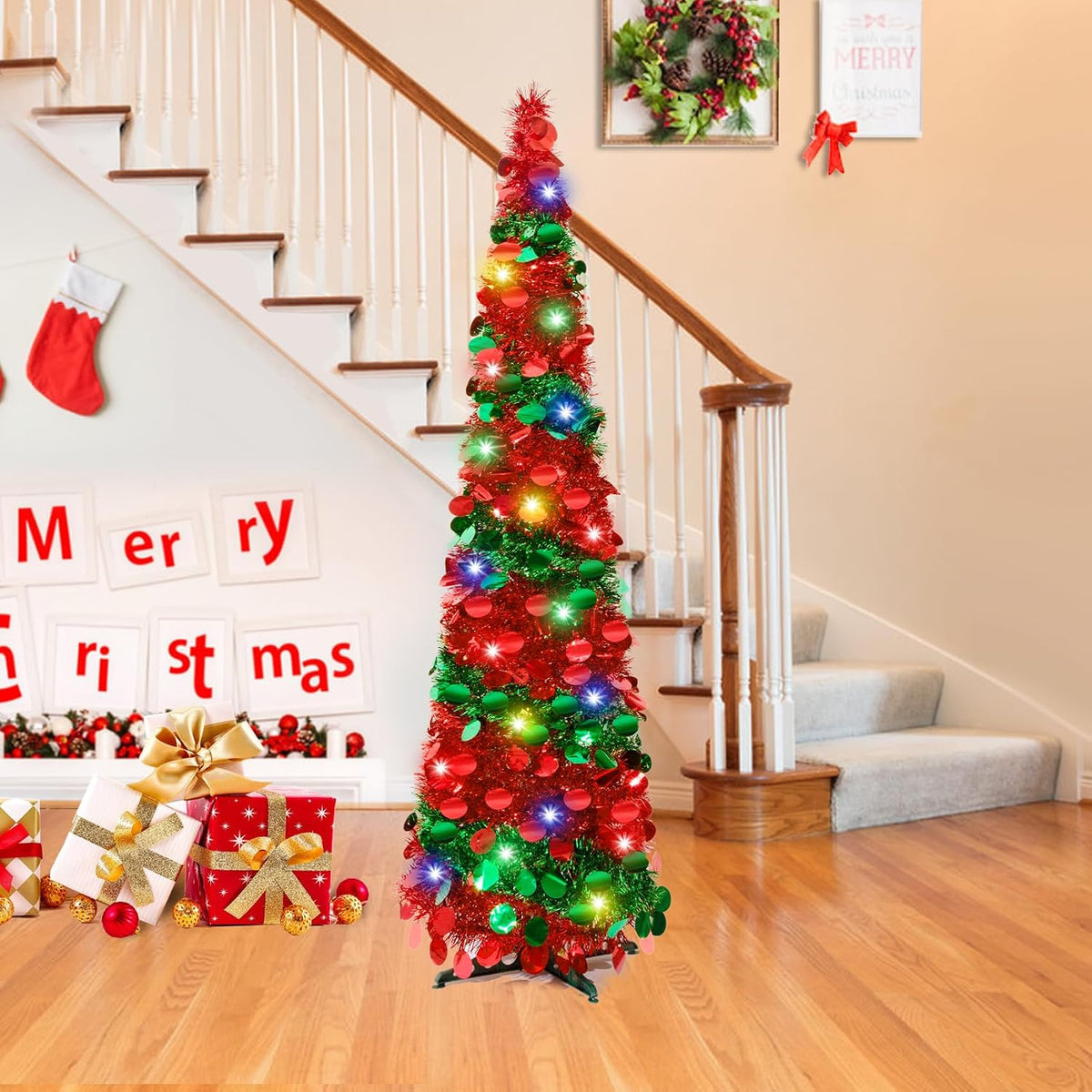 5Ft Pop Up Christmas Tree with Lights, Collapsible Pencil Tree Red Green, Skinny Christmas Tree Slim Xmas Tree, Artificial Tinsel Tree Foldable for Home Apartment Holiday Party Winter Decor
