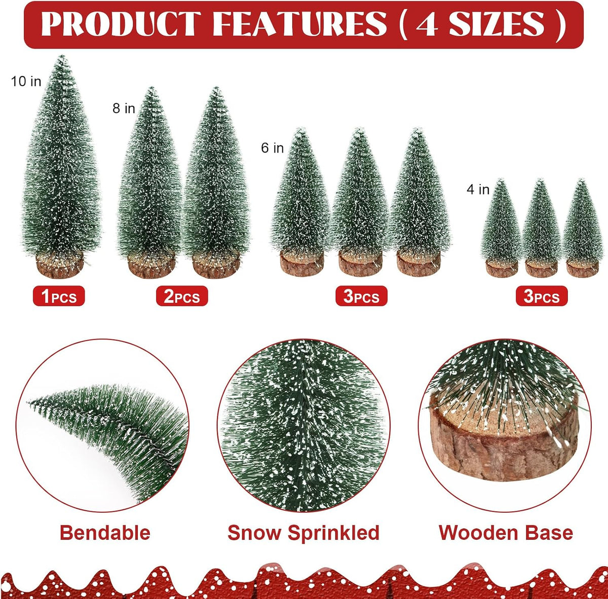 9Pcs Mini Christmas Tree, Bottle Brush Christmas Trees Wooden Base Table Decor with 4 Sizes, Artificial Green Tabletop Xmas Tree Indoor Village Decor Xmas Decorations