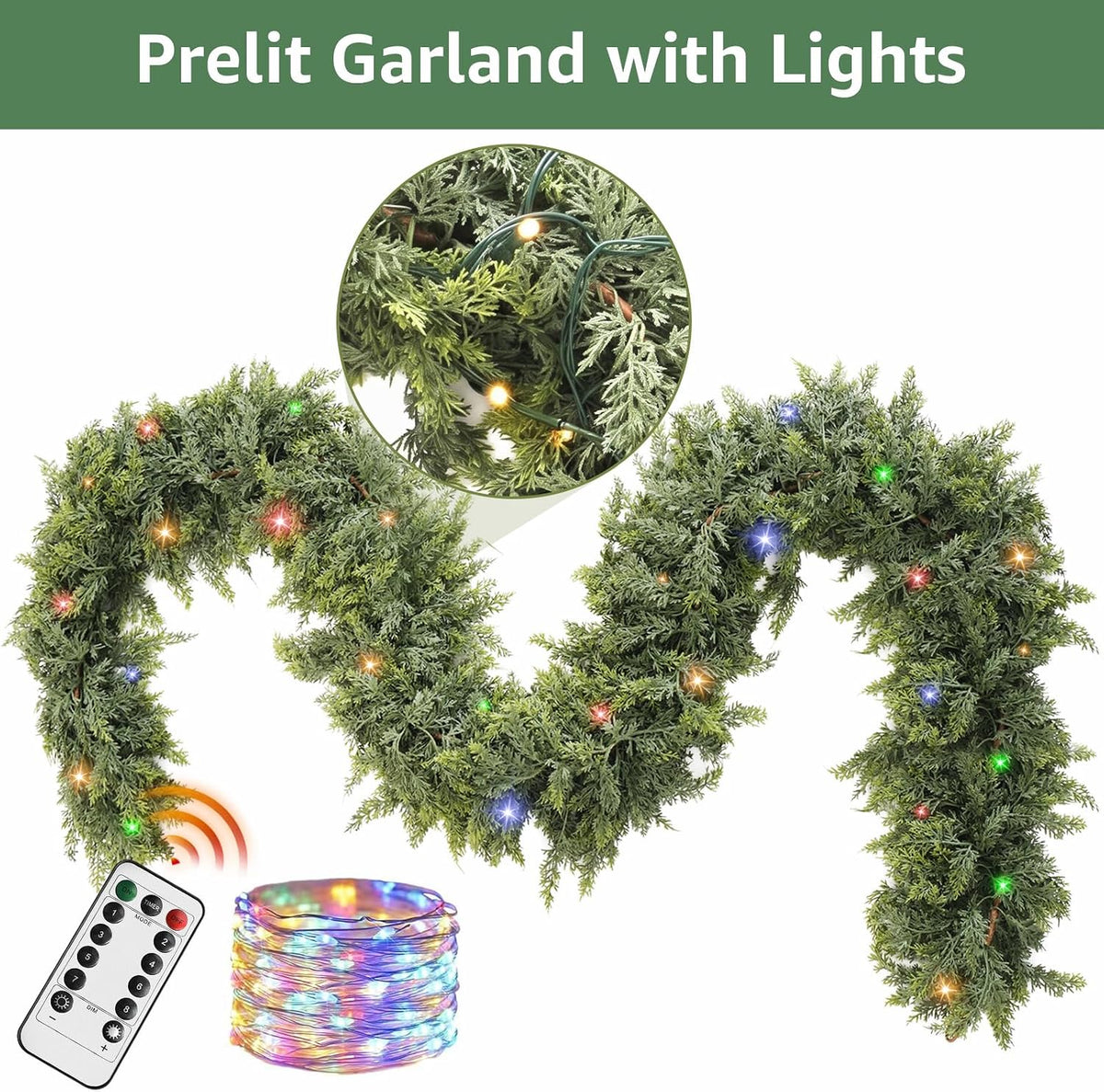 9Ft Prelit Real Touch Cedar Christmas Garland with Lights for Mantle Decor