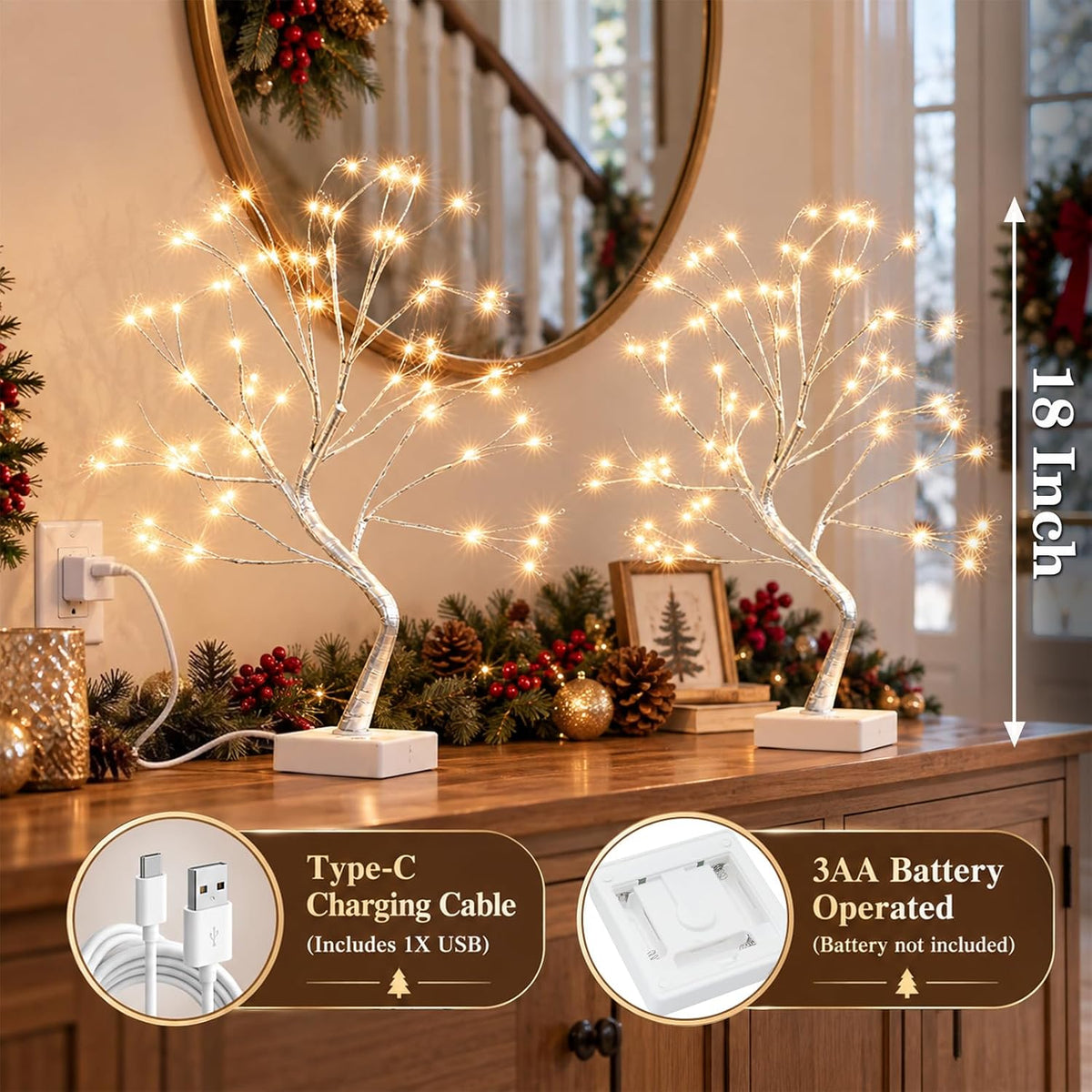 EAMBRITE Fairy Light Spirit Tree, 108 Led Lighted Birch Tree, 8 Modes Lighted Trees for Decoration Inside, USB & Battery Christmas Tree for Home Bedroom Desktop Indoor Xmas Decorations (Silver)