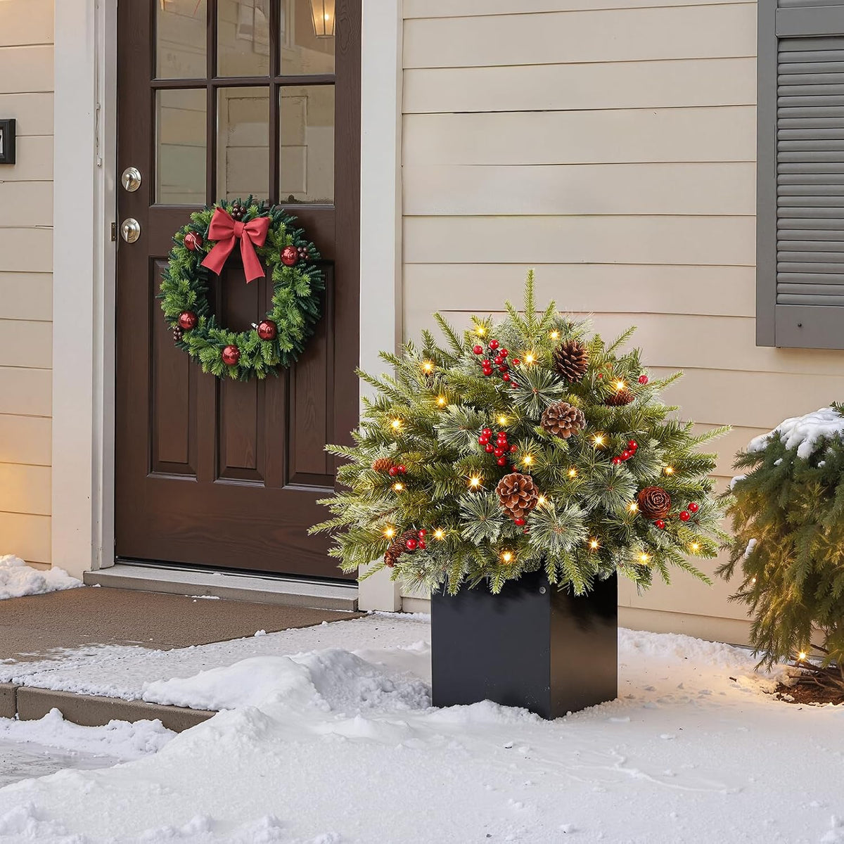 2 Pack Pre-lit Artificial Christmas Urn Filler, 18IN Outdoor Christmas Tree