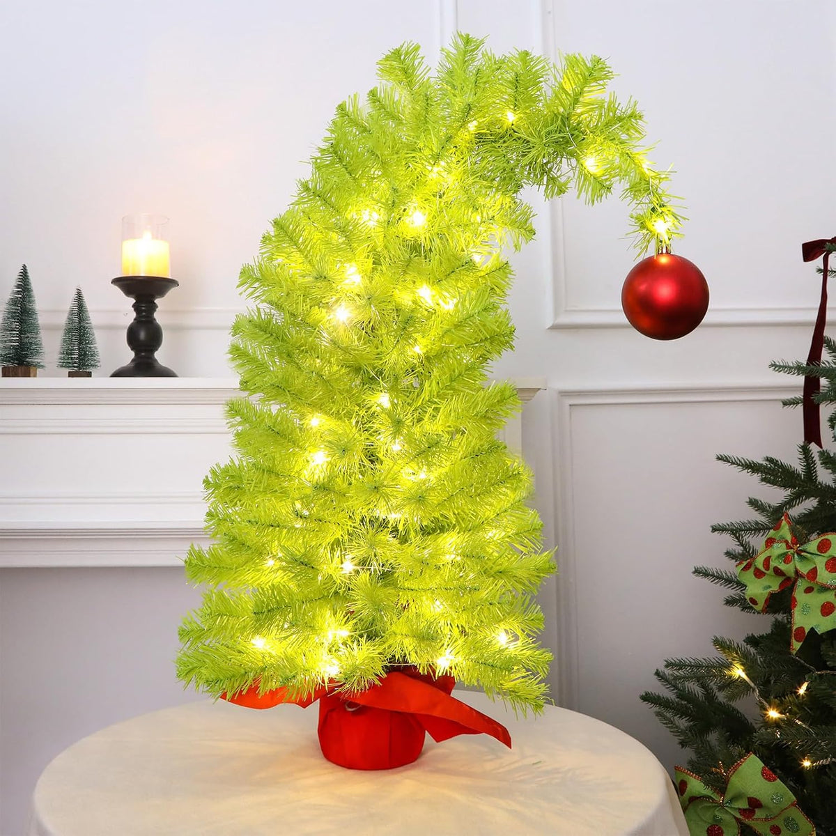 Whimsical Table Top Small Christmas Tree, 2 FT Bendable Lime Green Christmas Tree with Lights and Red Ball, Curved Shape Artificial Tabletop Tree for Home Office Holiday Party Decoration