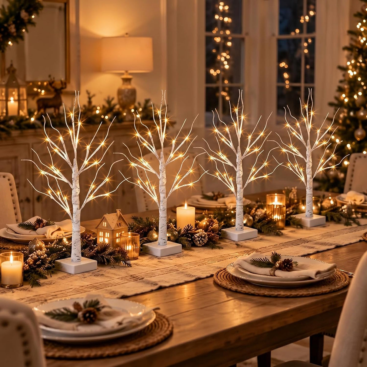 PEIDUO Christmas Decorations for The Home, 2FT BirchTree with LED Lights, Warm White Tree Lamp, Fairy Light Spirit Tree for Room Inside Fireplace Home Decor, Battery Powered, Timer (4PK)