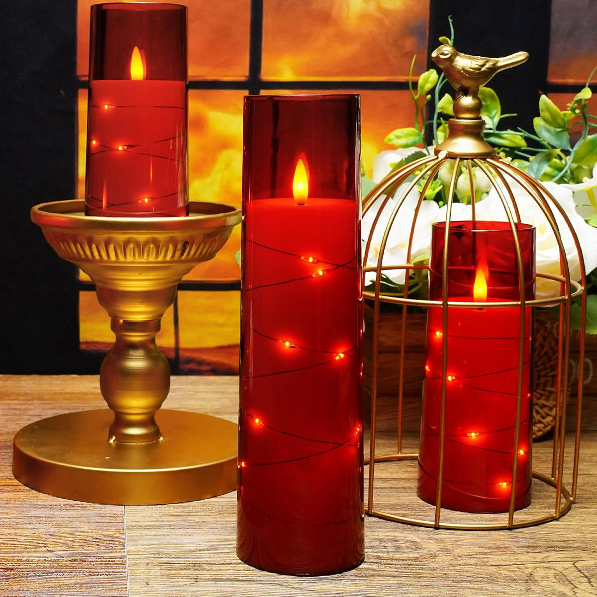 kakoya Flameless LED Candles with Timer 5 Pc Flickering Flameless Candles for Romantic Ambiance and Home Decoration Stable Acrylic Shell,with Embedded Star Stringï¼ŒBattery Operated Candlesï¼ˆRedï¼‰