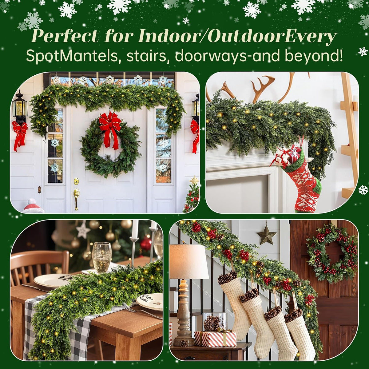 6FT Artificial Cedar Christmas Garland with 120 LED Lights - Real Touch Winter Pine Garland, Green Artificial Greenery Garland for Table, Mantle, Wall, Indoor, Outdoor Christmas Decorations