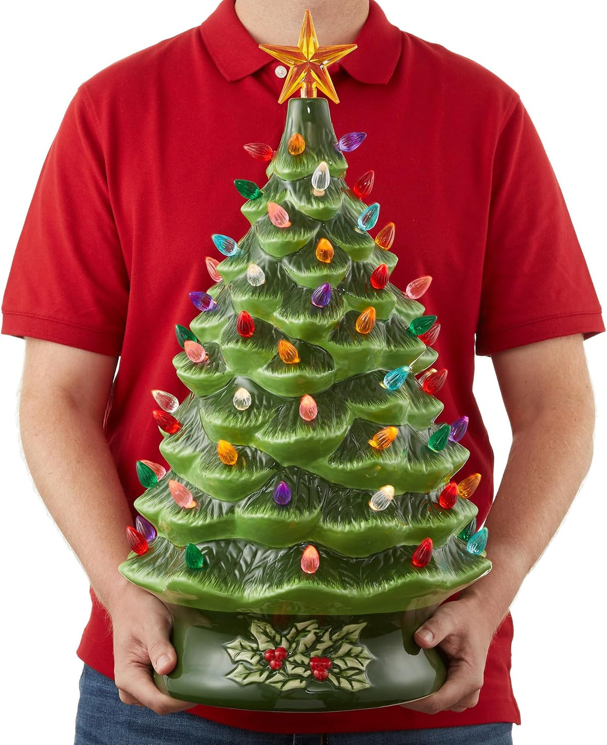 Casafield Hand Painted Ceramic Christmas Tree, Green 24-Inch Pre-Lit Tree with 148 Multi Color Lights and 2 Star Toppers